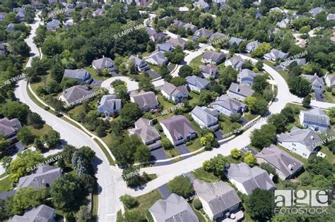 Aerial View Of A Tree Lined Suburban Neighborhood With Cul De Sac In
