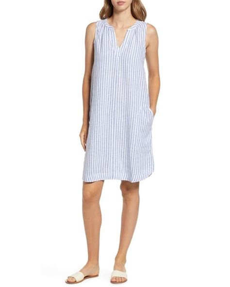 Beach Lunch Lounge Tally Stripe Sleeveless Cotton And Linen Dress In Blue