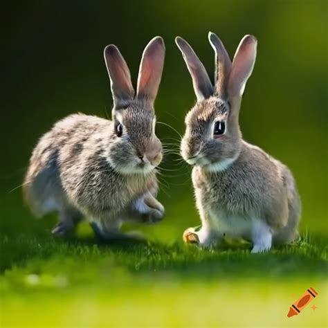 Two Rabbits Running In A Field