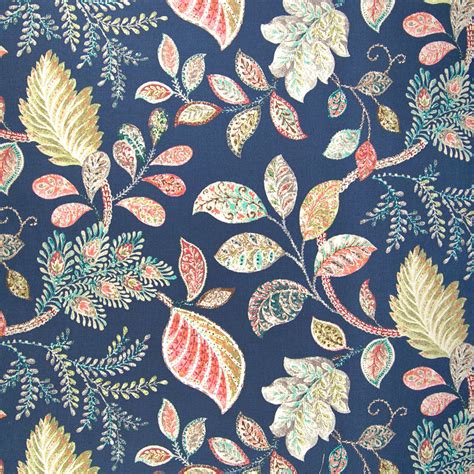 Navy Blue Foliage Cotton Upholstery Fabric