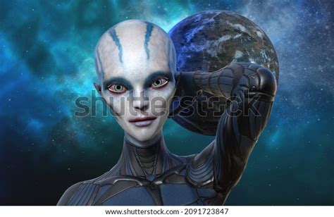 3d Illustration Bald Female Alien Blue Stock Illustration 2091723847