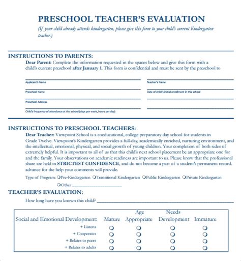 Preschool Teacher Evaluation Form Printable