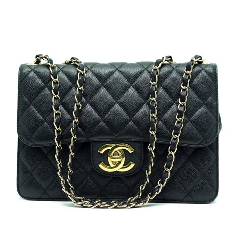 Vintage Authentic Chanel Classy Black Quilted Caviar Leather Double