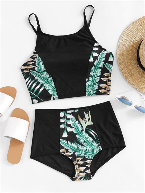 Tropical Print Top With High Waisted Bikini Set Trendy Swimsuits
