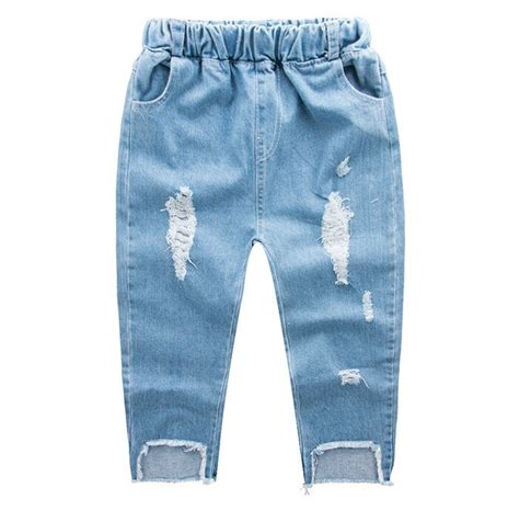 Washed Bleached Hole Ripped Jeans Kids Fashion Elastic Waist Little