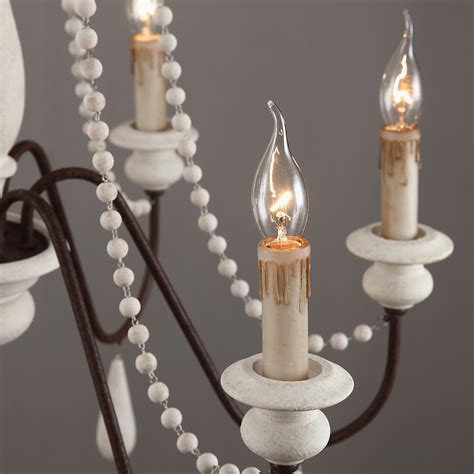 French Country Candle Style Light Wood Bead Swag Wooden Chandelier