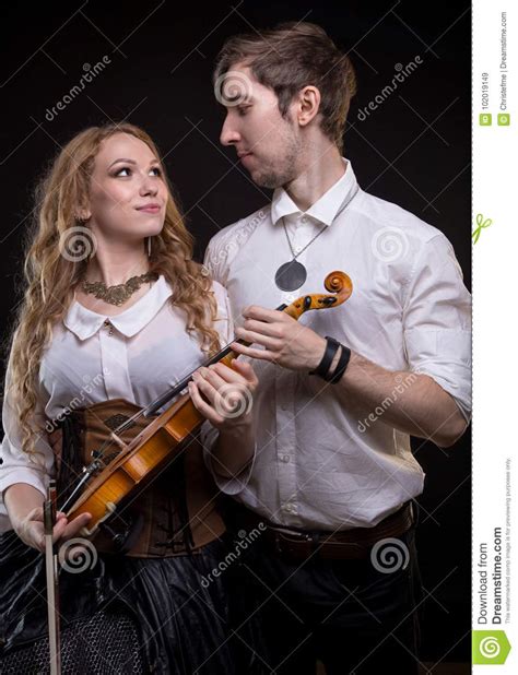 Loving Musical Couple With Violin Stock Image Image Of Happy Women