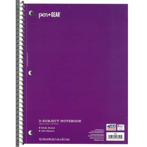 Pengear 3 Subject Spiral Notebook Wide Ruled 120 Pages Purple