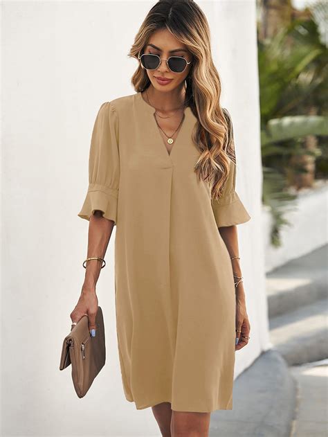 Notched Neck Flounce Sleeve Tunic Dress In 2023 Stylish Clothes For