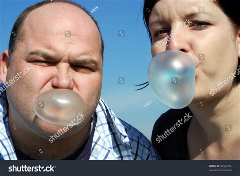 Man Woman Blowing Bubble Gum Stock Photo 98682245