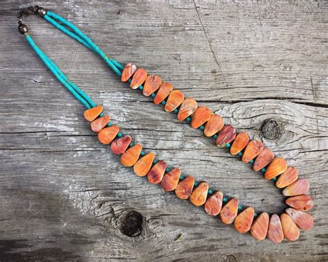 S Orange Spiny Oyster Shell Tab Necklace With Turquoise Heishi