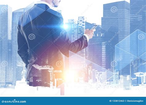 Businessman With Smartphone In Abstract City Stock Illustration