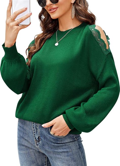 Clearlove Womens Cold Shoulder Sweaters Long Sleeve Crew Neck Lace