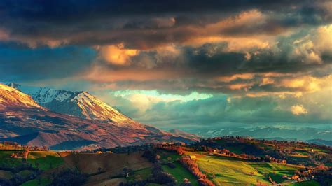 1920x1080 Mountain Field Hill Clouds Blue Orange Green Landscape Valley