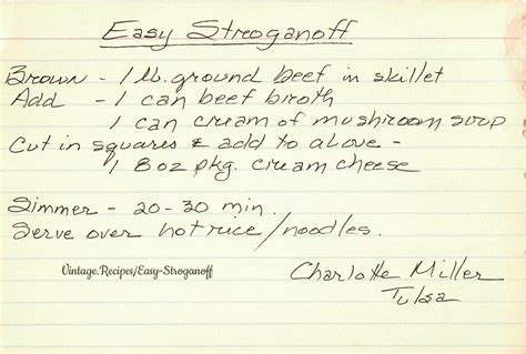 Easy Beef Stroganoff A Vintage Handwritten Recipe Card Serve Over Hot