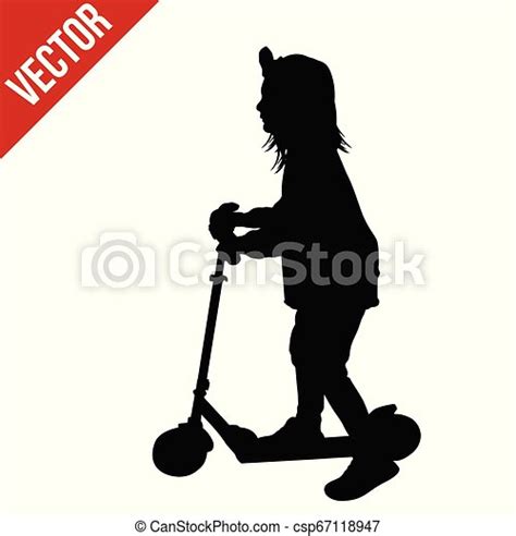 Little Girl Silhouette Riding A Scooter On White Background Vector