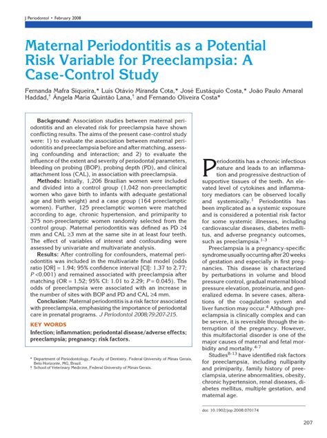 Pdf Maternal Periodontitis As A Potential Risk Variable For Preeclampsia A Case Control Study