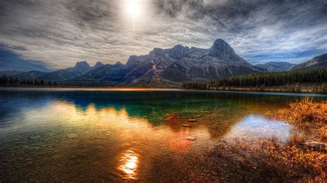 Hd Wallpaper Lake Between Grass Field Near Sea And Mountains Under