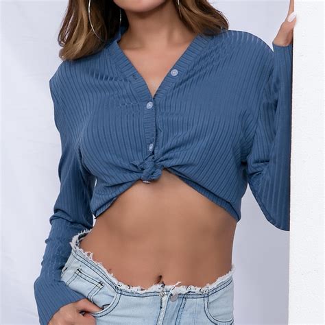 Female Blue Deep V Plunge Belly Shirt Women Button Knitted Long Sleeve
