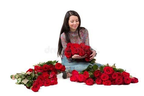 204 Brunette Woman Big Bouquet Red Roses Stock Photos Free And Royalty