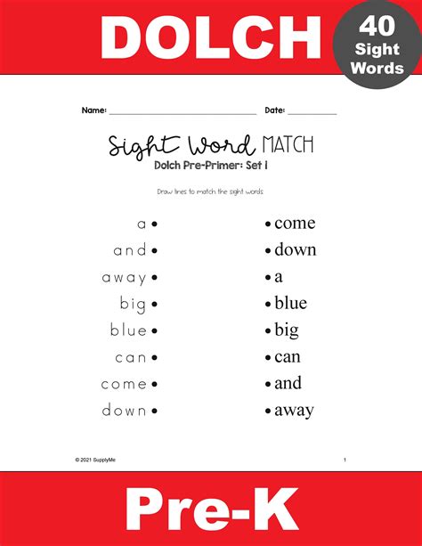 Pre Primer Dolch Sight Words Worksheets Sight Word Matching 4