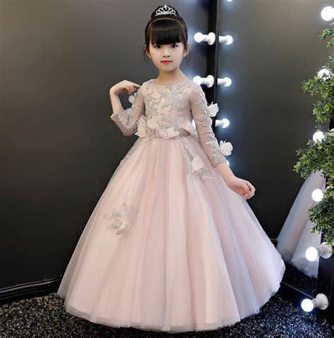 Elegant Appliques Tulle Flower Girl Dress For Wedding Long Sleeve Kids