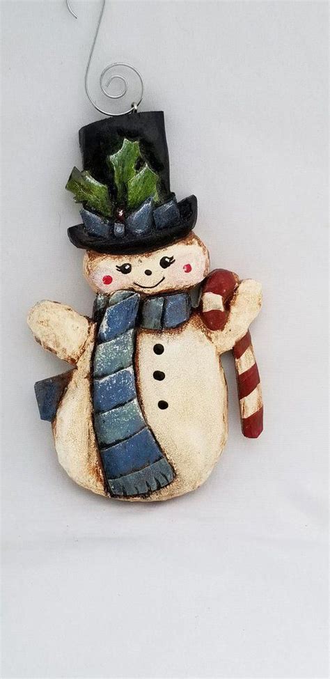Hand Carved Snowman Ornament Christmas Wood Carving Top Etsy