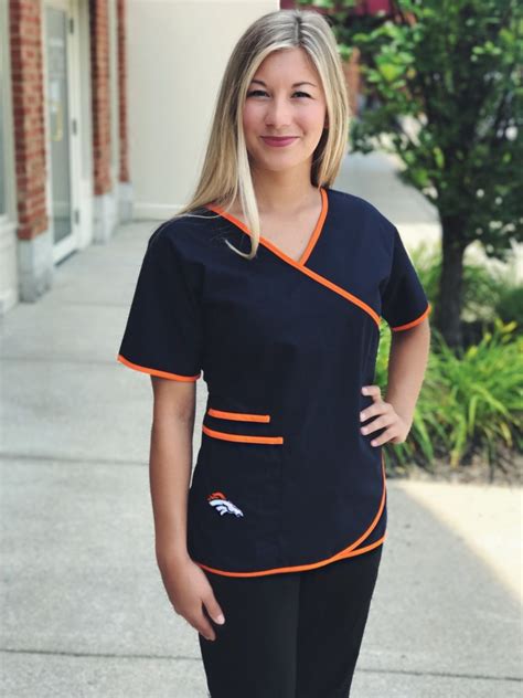 Denver Broncos Womens Mock Wrap Nfl Scrub Top Stylish Scrubs Scrubs Outfit Medical Scrubs