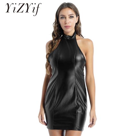 Sexy Womens Lingerie Latex Dress Pu Leather Halter Neck Lace Up Back Open Butt Sexy Dresses