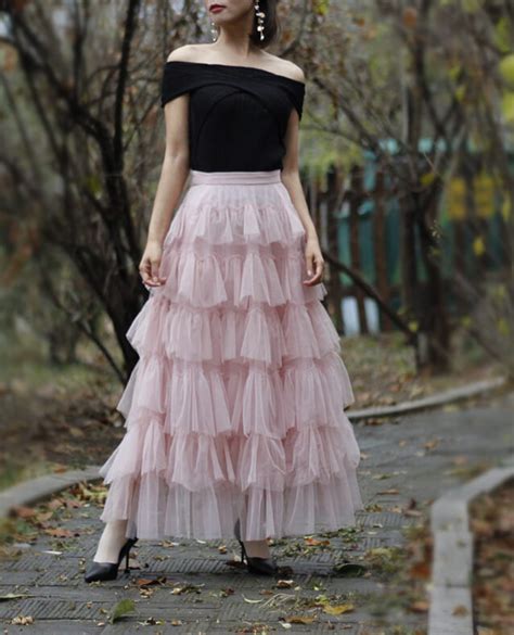 Pink Layered Tulle Midi Skirt High Waisted Layered Tulle Ruffle Skirt
