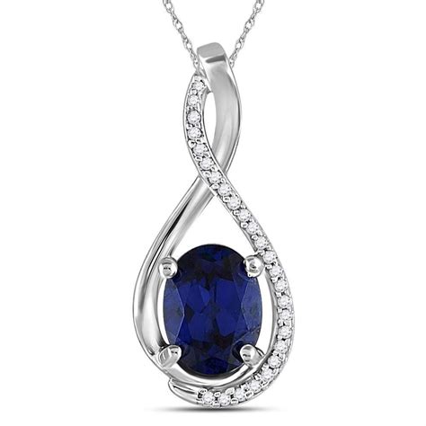 Sterling Silver Womens Oval Lab Created Blue Sapphire Diamond Pendant