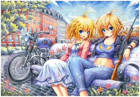2girls blonde hair blue eyes building clouds dress emperpep flowers gun long hair motorcycle
