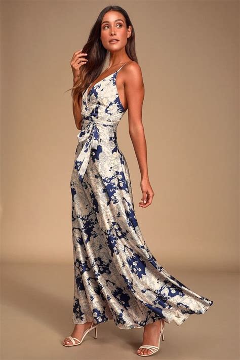 Ad Tea Gardens Navy Blue Floral Print Satin Maxi Dress Lulus Be
