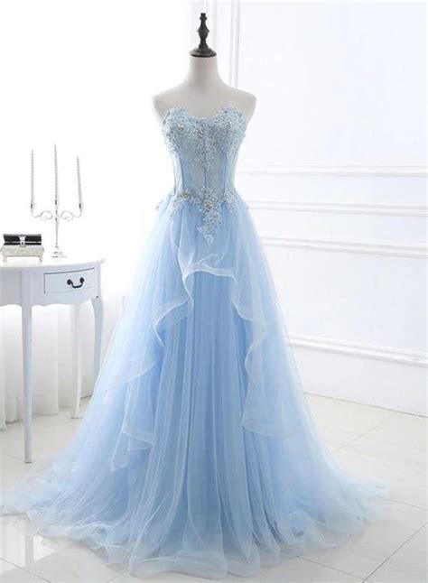 Light Blue Sweetheart Sheer Corset Evening Dress Long Tulle Prom Dress