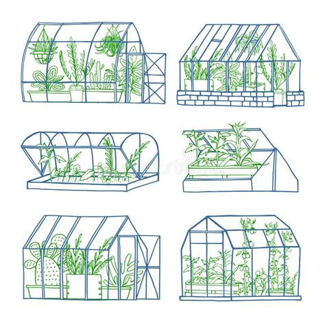 Set Of Different Greenhouses With Plants Hand Drawn Vector Sketch