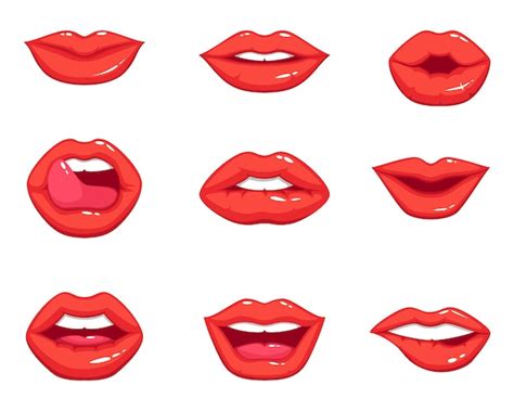 Different Shapes Of Female Sexy Red Lips Vector Illustrations In