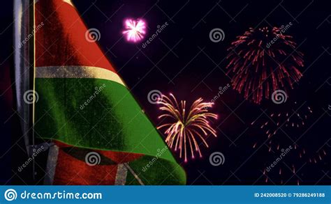 Kenya Flag Is Hanging On Firework Sky For Independence Day Defocused