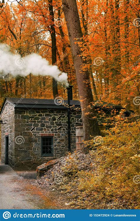 Smoking Chimney House In Forest Landscape With Little House In Autumn