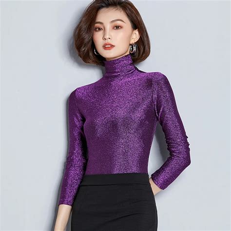 light silk turtleneck tunic 2018 new autumn winter women long sleeve mesh t shirts female pure