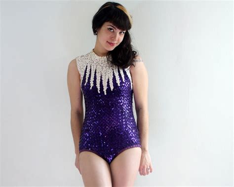 1960s sequin leotard vintage purple and white bodysuit xxs etsy