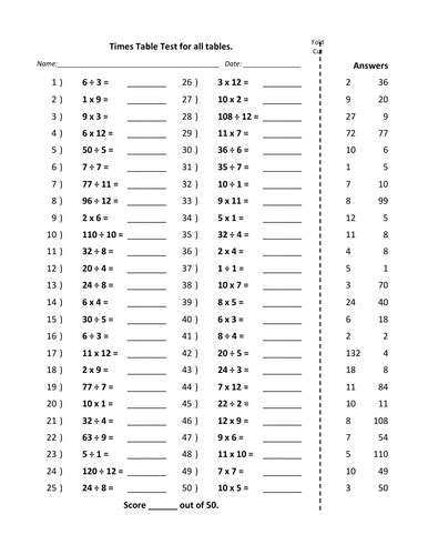 Times Table Test Book Including Division 150 Pdf Pages Teaching