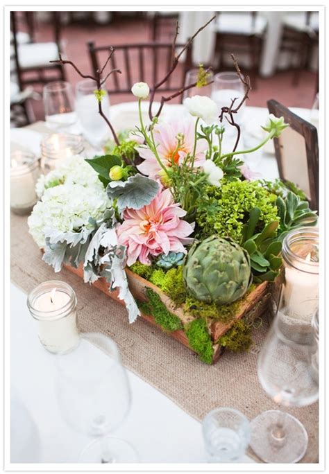 Centerpieces In Wooden Box Filled With White Hydrangea