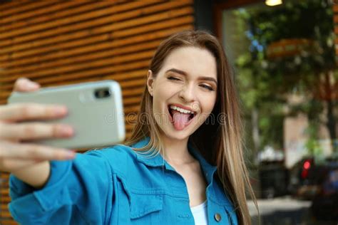 Happy Young Woman Taking Selfie On Street Stock Image Image Of Girl
