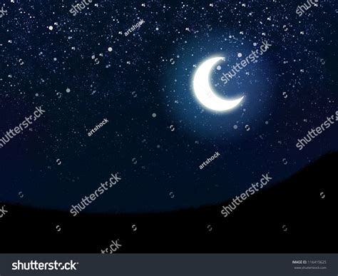 Illustration Of Night Sky With Stars And Crescent Moon