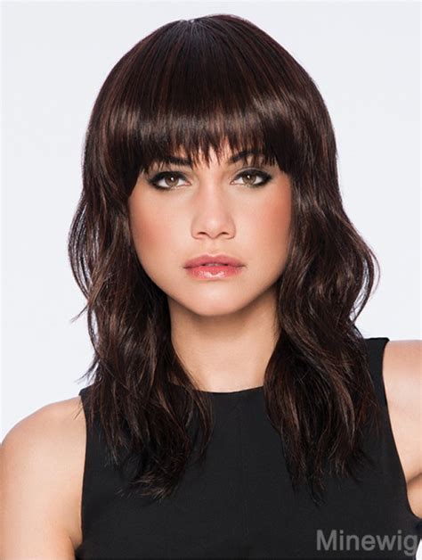Wavy Brown Synthetic With Bangs 14 Inch Medium Length Wigs For Women