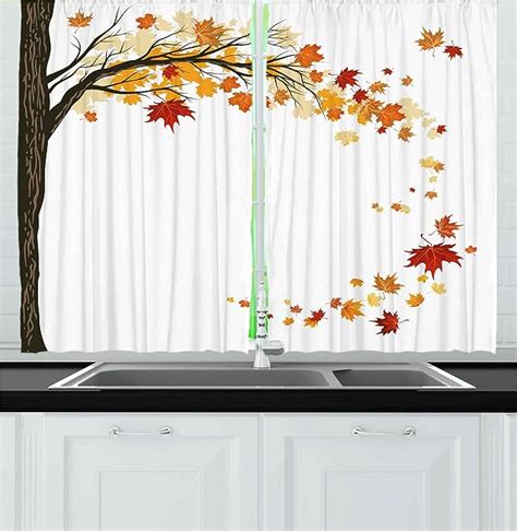 Ambesonne Fall Kitchen Curtains Leaf Group Motion In