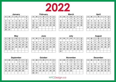 2022 Calendar Printable Free Horizontal Green Hd Sunday Start