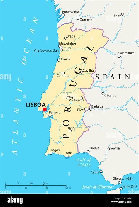 Portugal Mapa Político Con La Capital Lisboa Las Fronteras Nacionales