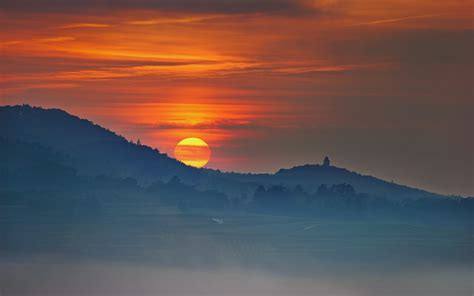 Nature Landscape Sunset Mountain Mist Field Clouds Trees Blue