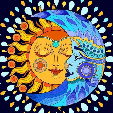 The Sun And Moon Are Depicted In This Colorful Art Work Which Is Done